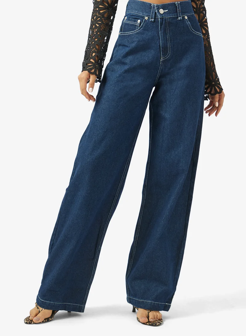 جينجر Mid Rise Wide Fit Jeans with Pleat Detail
